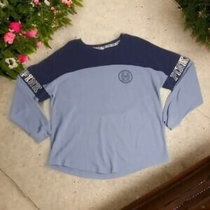 PINK Women’s Top Size Large Blue Colorblock Long Sleeve Pullover Round Neck Logo